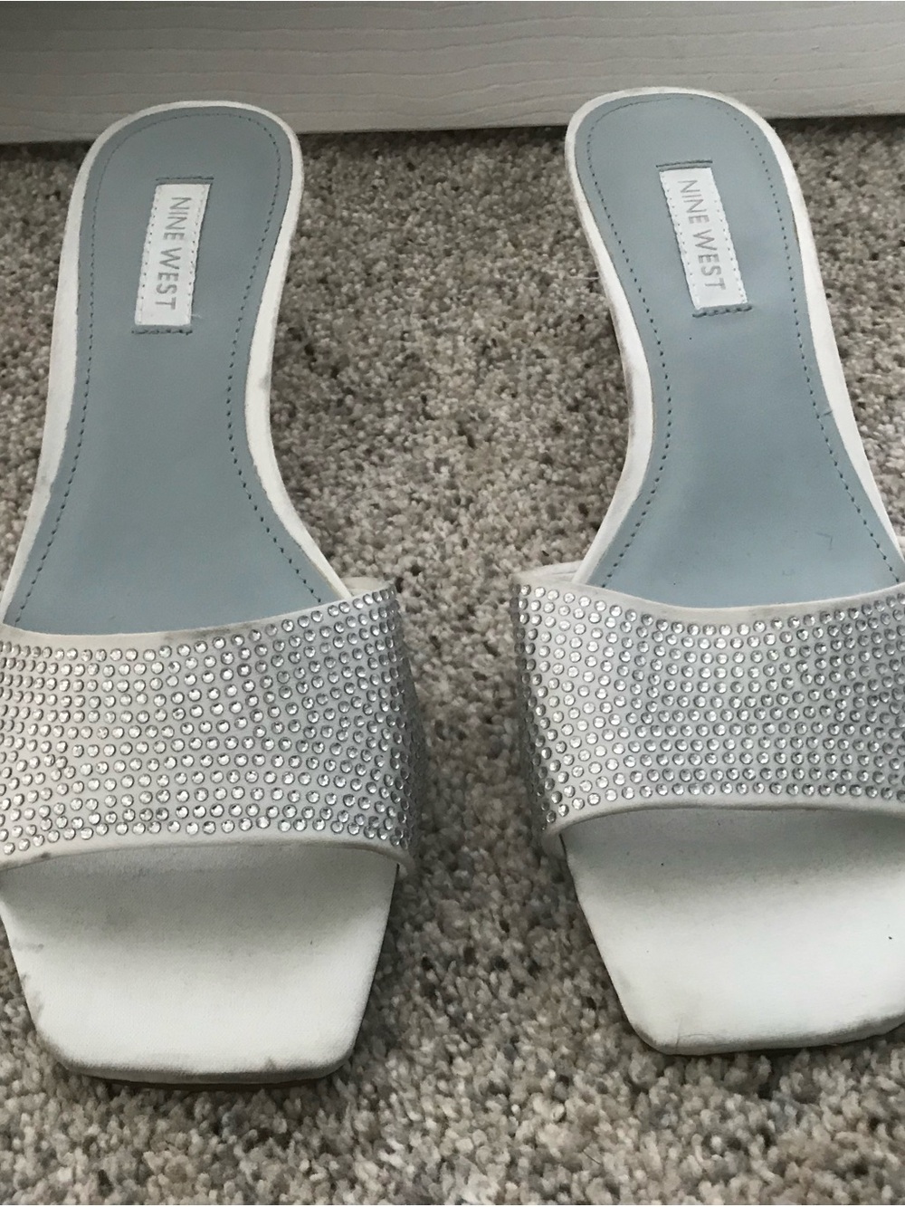 Nine West Silver Crystal-Embellished White Slide Mules